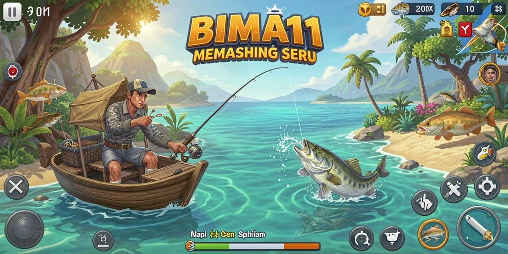 Screenshot gameplay BIMA11 menunjukkan momen mendebarkan saat memancing.