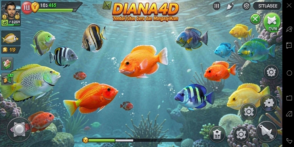 Tampilan seru gameplay DIANA4D saat menembak ikan berwarna-warni.