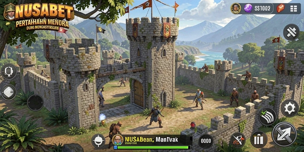 Screenshot gameplay seru NUSABET yang menampilkan pertahanan menara.