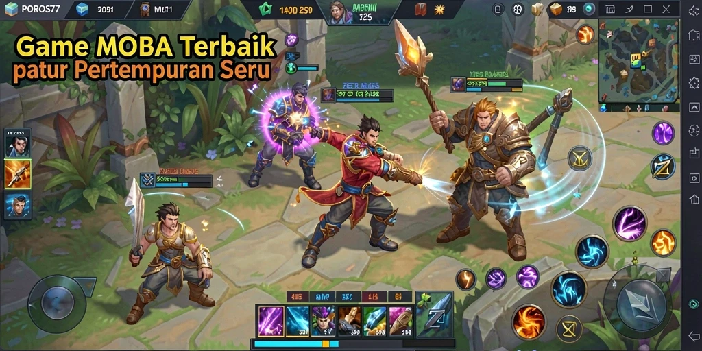 Screenshot gameplay POROS77 yang menampilkan aksi pertempuran MOBA yang intens.