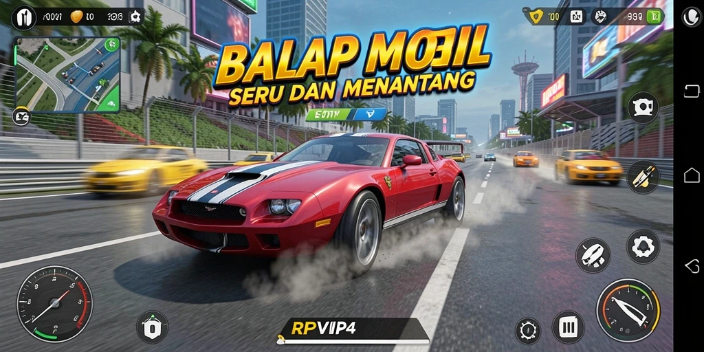 Tangkapan layar gameplay RPVIP4 menampilkan aksi seru balapan mobil di lintasan.