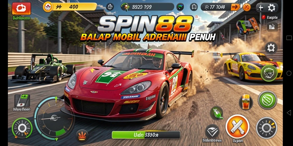 Tangkapan layar gameplay <strong>SPIN88</strong> menampilkan mobil balap di lintasan yang menantang.